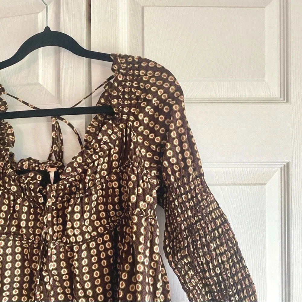 Free People Brown Geometric Print Smocked Sleeve Mini Dress Square‎ Neck SMALL